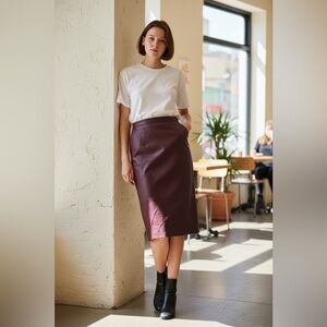 Elegant Vintage Burgundy Pencil Skirt Genuine Leather